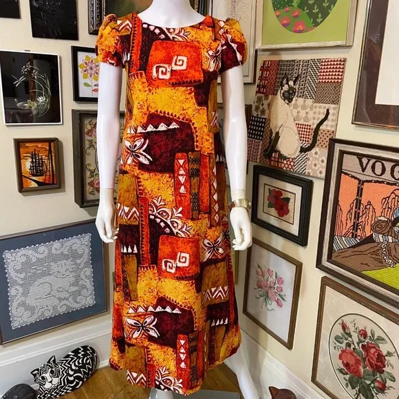 70s Vintage Kini Pela Hawaii Brown Orange Yellow Barkcloth Short Sleeve MuuMuu S - Picture 1 of 7